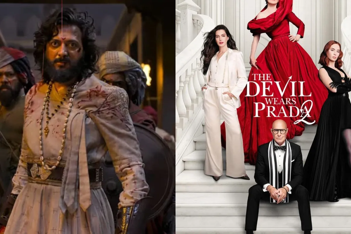 A movie theatre marquee displaying showtimes for 'Raja Shivaji' and 'The Devil Wears Prada 2' with post-midnight listings.