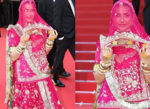 Ruchi Gujjar posing on the red carpet in a pink ghunghat.