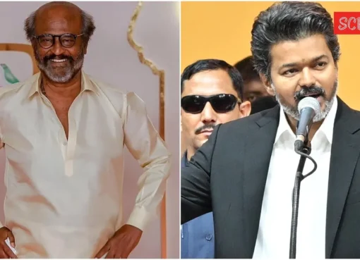 Rajinikanth speaking at a press conference, looking serious.