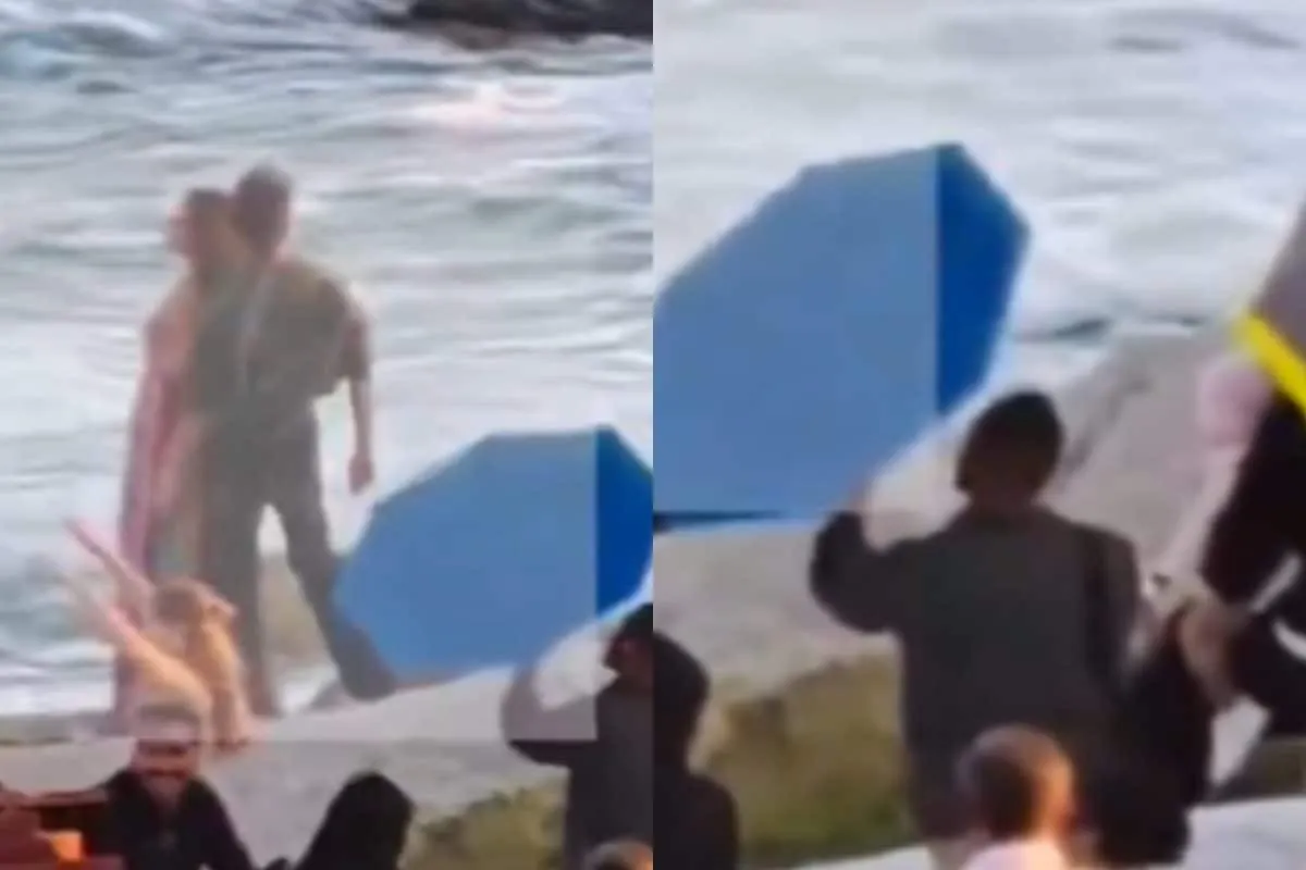 Ranveer Singh holding baby Dua on a movie set