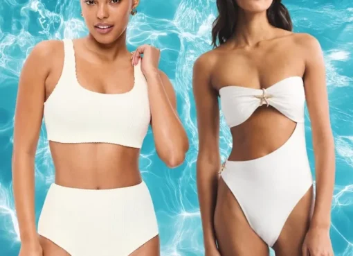 A stylish white bikini top and bottom displayed against a summer backdrop.