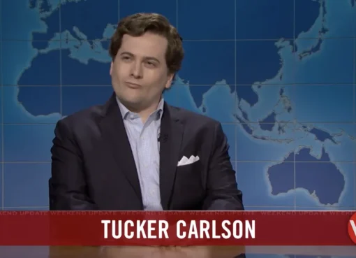 A comedic sketch image from SNL's Weekend Update.