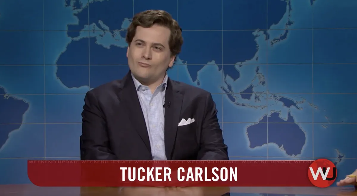 A comedic sketch image from SNL's Weekend Update.