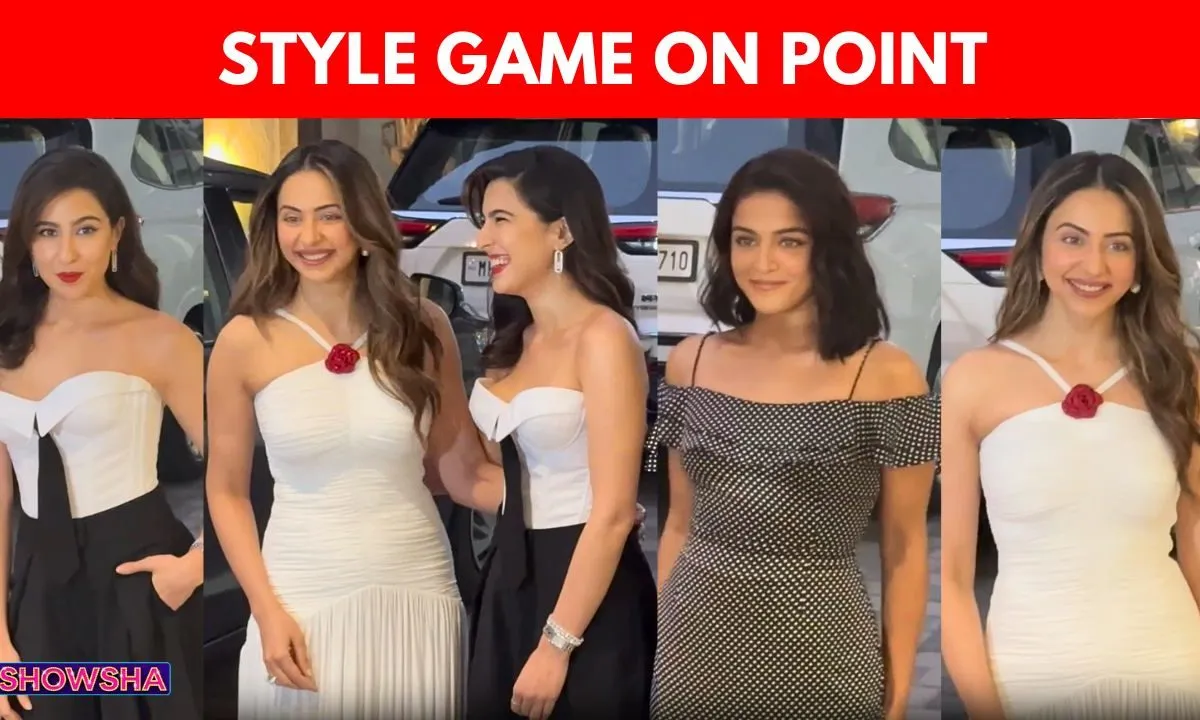 Sara Ali Khan, Rakul Preet Singh, and Wamiqa Gabbi smiling and posing for photos.