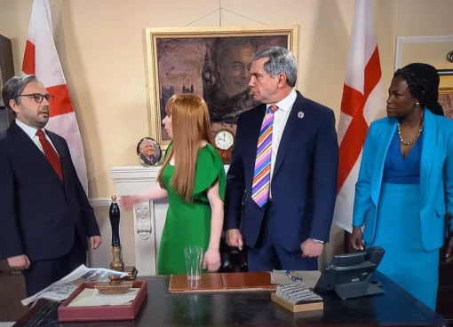 Peter Serafinowicz dressed as Nigel Farage in a comedy sketch.