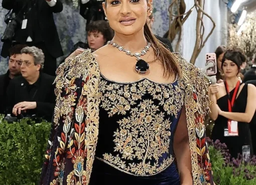 Billionaire Sudha Reddy wearing a large diamond necklace at the Met Gala.