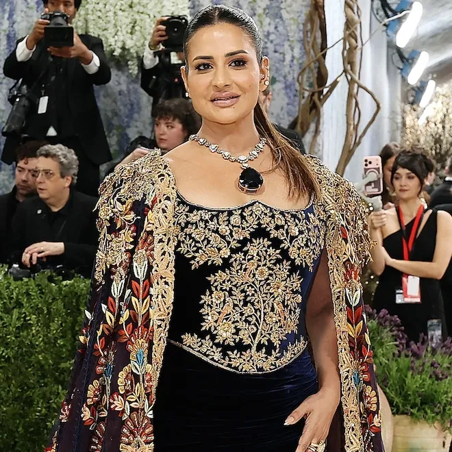 Billionaire Sudha Reddy wearing a large diamond necklace at the Met Gala.