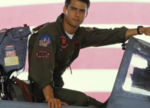 A side-by-side comparison of a young Tom Cruise as Maverick in Top Gun and a recent photo of him.