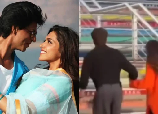 Shah Rukh Khan helps pregnant Deepika Padukone up stairs.