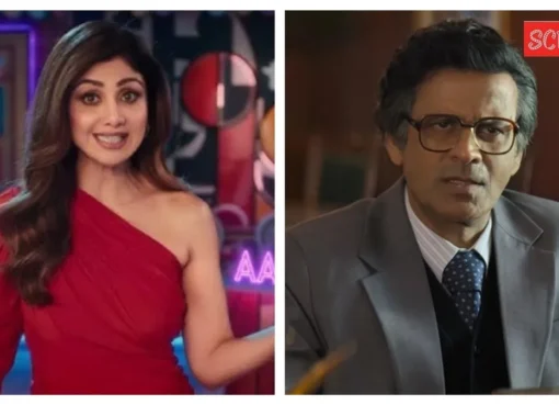 Shilpa Shetty and Manoj Bajpayee looking intense in a scene from the 'Maa Hai Na' trailer, possibly in a kitchen and office setting.