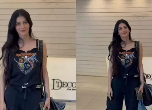 Shruti Haasan wearing a black sleeveless Iron Maiden graphic t-shirt.
