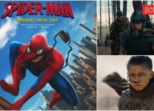 A vibrant movie poster collage featuring Spider-Man, a sandy Dune landscape, and an ancient ship from The Odyssey.