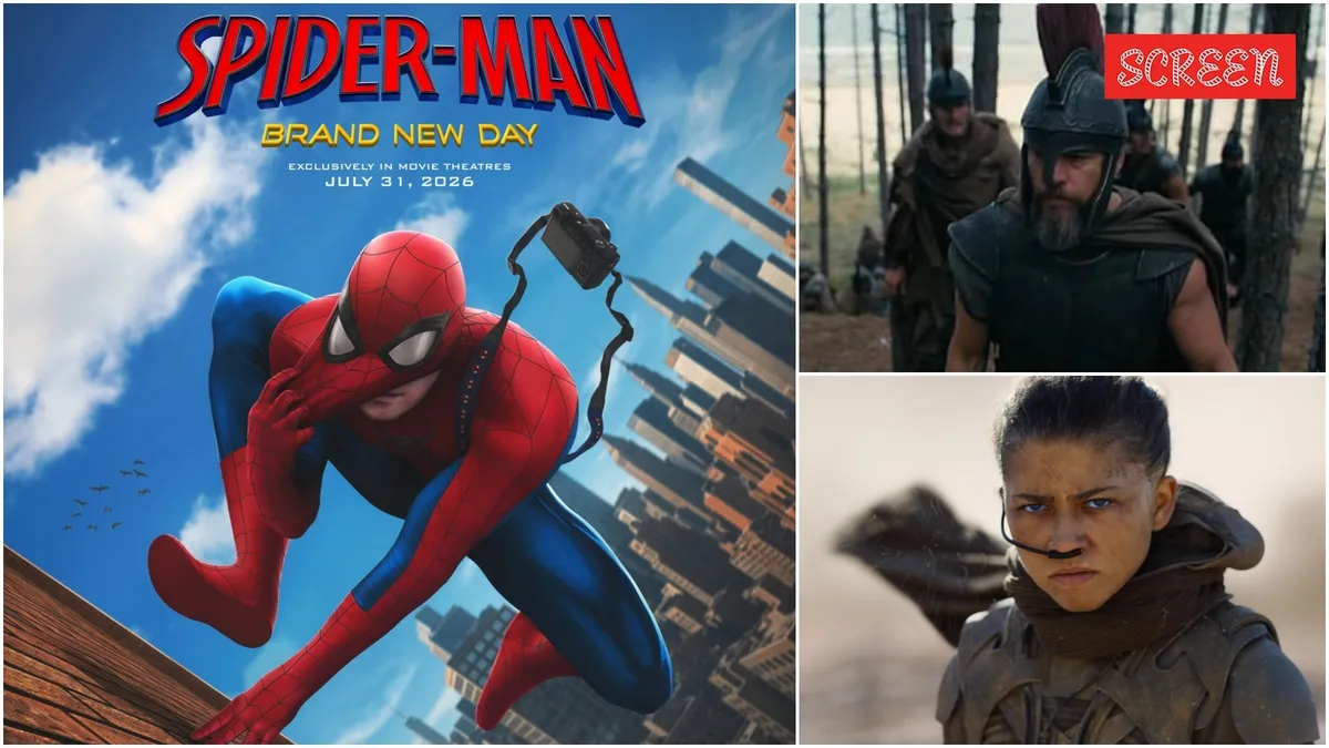 A vibrant movie poster collage featuring Spider-Man, a sandy Dune landscape, and an ancient ship from The Odyssey.