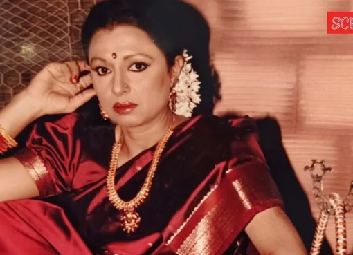 An actress looking thoughtful on a film set.