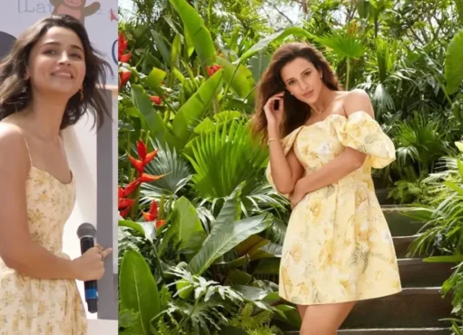 Alia Bhatt and Triptii Dimri wearing stylish yellow outfits with bangs.