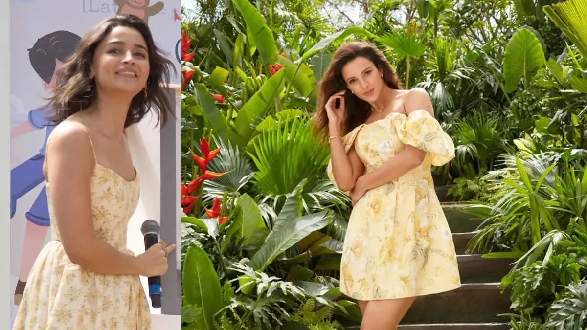 Alia Bhatt and Triptii Dimri wearing stylish yellow outfits with bangs.
