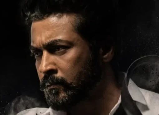 Suriya and Trisha Krishnan in a poster for the fantasy action film Karuppu, showing a dark and mystical aesthetic.