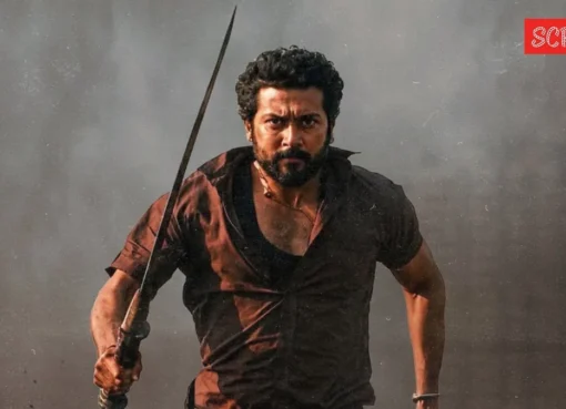 Suriya looking intense in a dramatic still from his blockbuster movie 'Karuppu.'