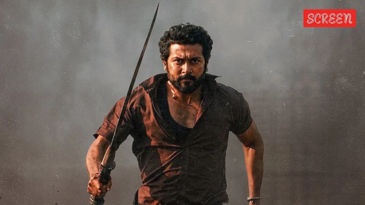 Suriya looking intense in a dramatic still from his blockbuster movie 'Karuppu.'