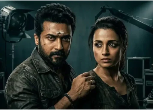 Suriya looking intense in a still from the movie Karuppu with deep shadows and colorful lighting.