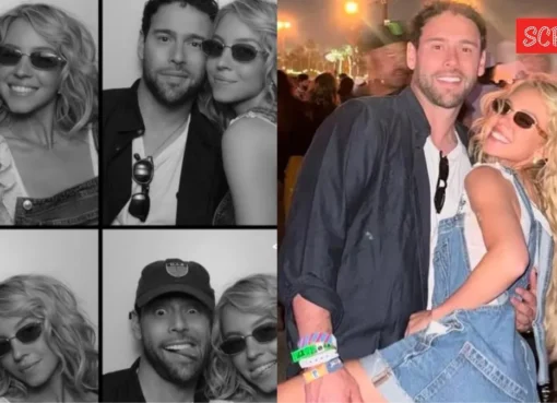 Sydney Sweeney and Scooter Braun posing together in a stylish, warm-toned photo.