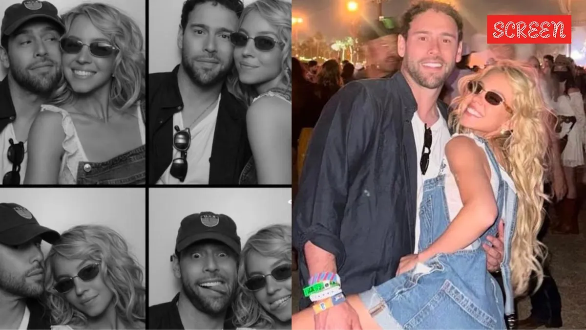 Sydney Sweeney and Scooter Braun posing together in a stylish, warm-toned photo.