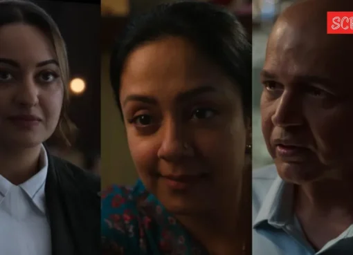 Sonakshi Sinha and Jyotika in a still from the 'System' trailer, looking intense in a courtroom setting.