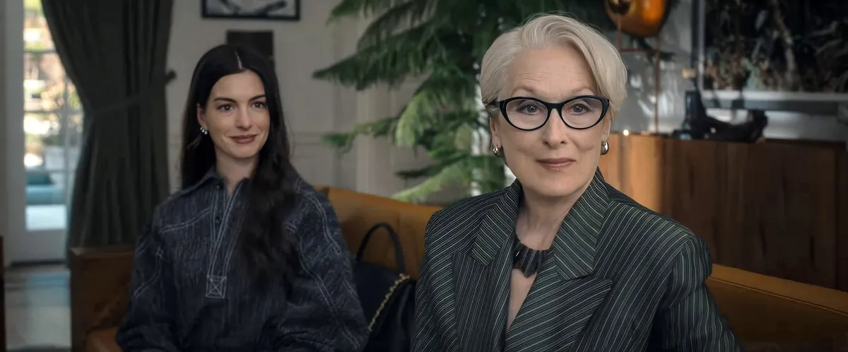Miranda Priestly, played by Meryl Streep, looking sternly at Andy, played by Anne Hathaway, in a scene from 'The Devil Wears Prada'.