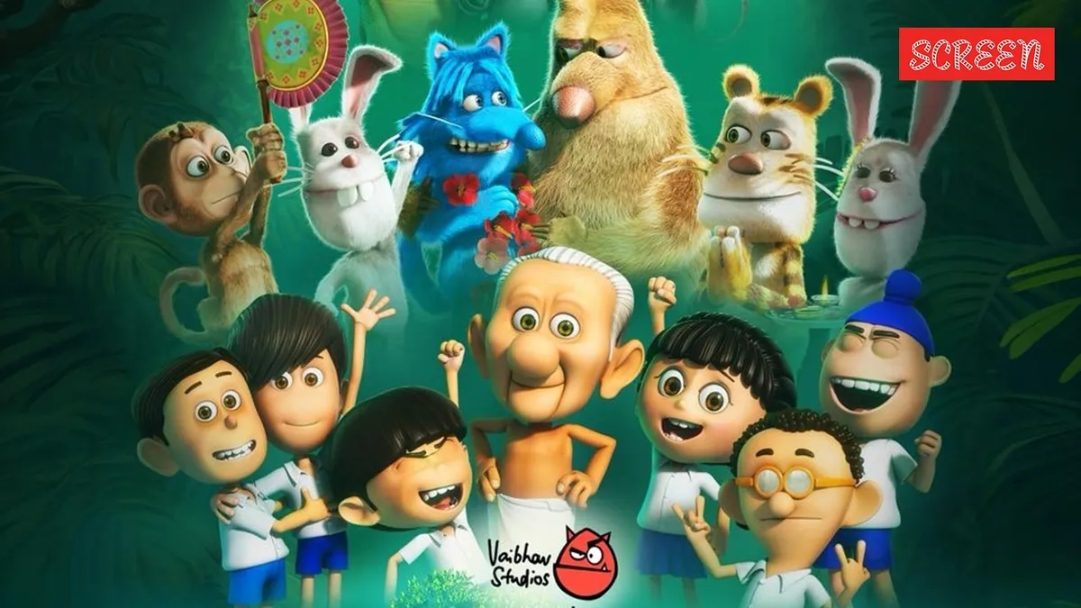 Animated characters from 'Return of the Jungle' smiling and playing in a vibrant, colorful jungle setting.