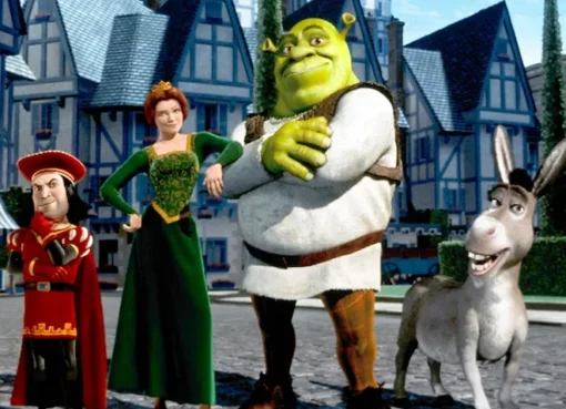 Shrek smiling, a green ogre character from the popular animated film, in his swamp home.