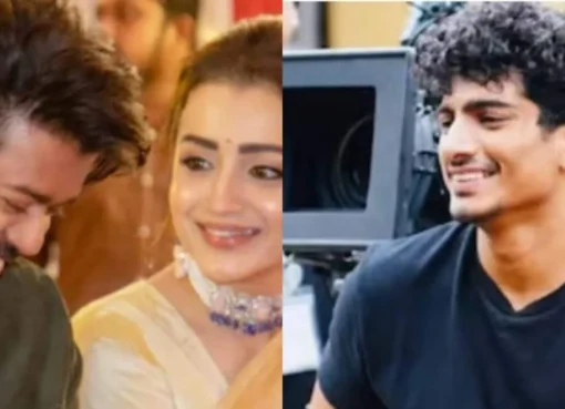 Split image showing a portrait of actress Trisha Krishnan and composer Palash Muchhal.