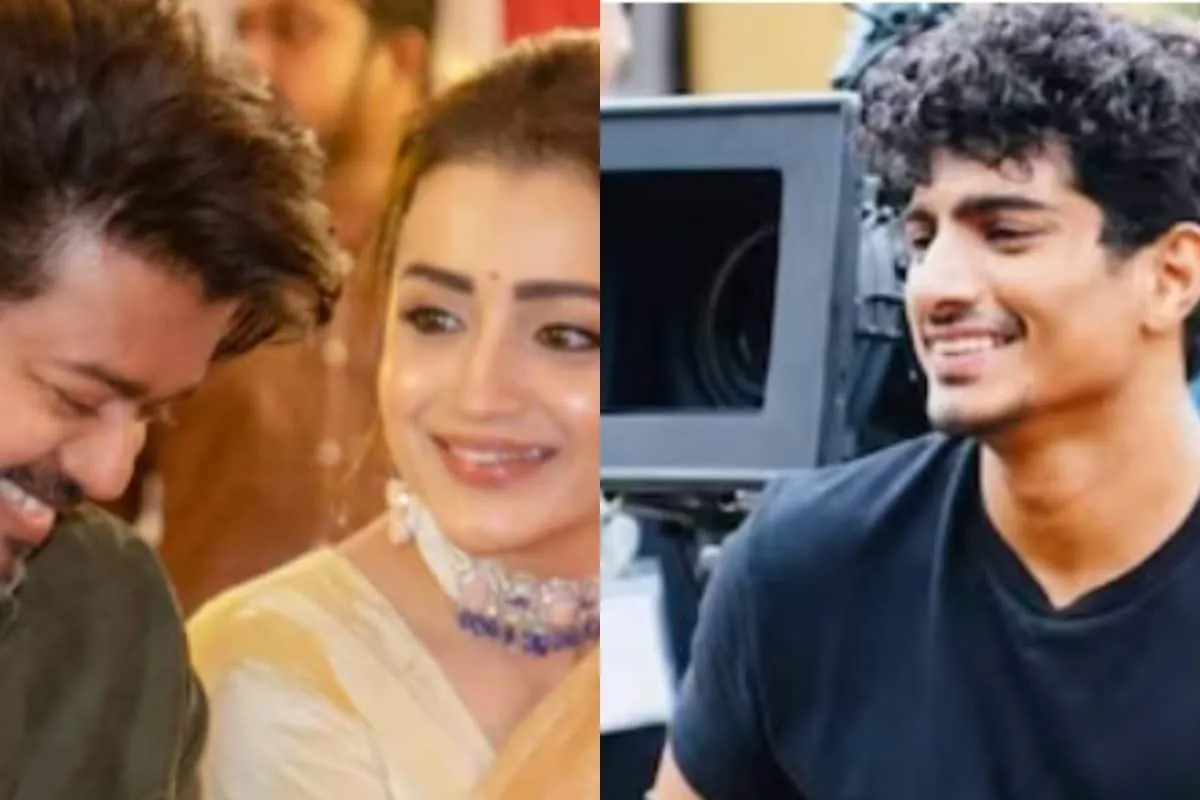 Split image showing a portrait of actress Trisha Krishnan and composer Palash Muchhal.