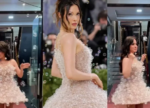 Uorfi Javed in a bubble-like dress, inspired by Eileen Gu's Met Gala outfit.