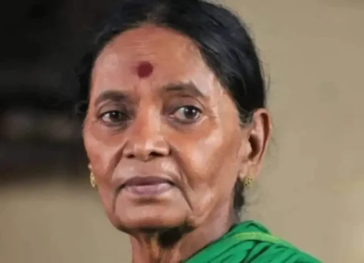 A close-up photo of an elderly woman, possibly Pavala Shyamala, looking tired but dignified.