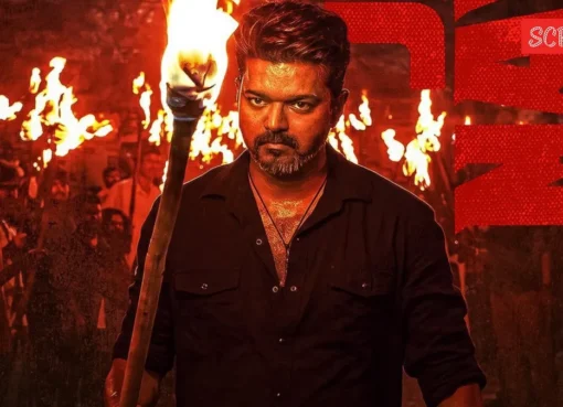 Actor Vijay in a film pose, with a film strip in the background, symbolizing a movie in waiting.