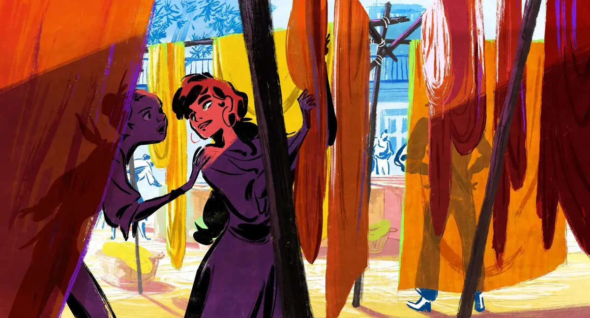 A colorful animated scene from the movie 'Viva Carmen' with a female character dancing.