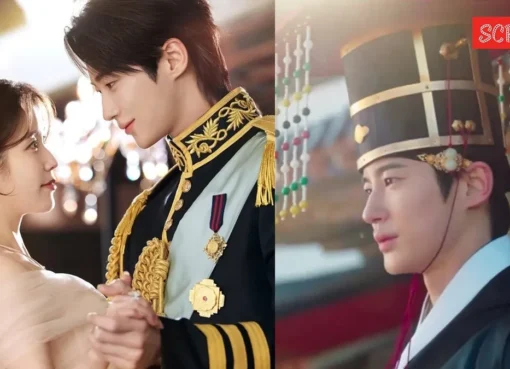 IU and Byeon Woo-seok looking surprised or concerned in a scene from the K-drama 'Perfect Crown'.