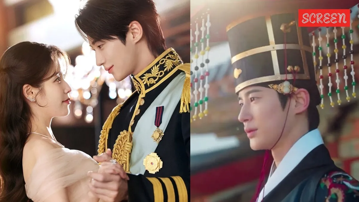 IU and Byeon Woo-seok looking surprised or concerned in a scene from the K-drama 'Perfect Crown'.