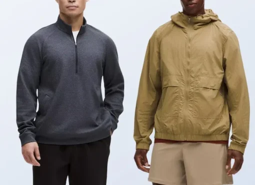 A flat lay photo showing various Lululemon men's items like a polo shirt, shorts, and a comfortable hoodie, arranged aesthetically for Father's Day.