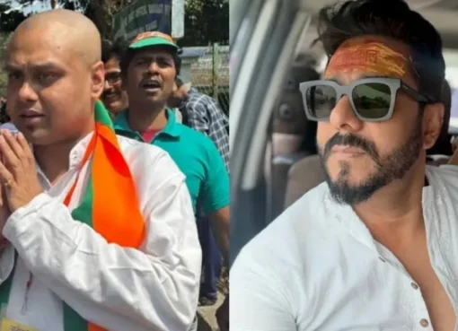 A graphic showing the names Raj Chakrabarty and Kaustuv Bagchi with election symbols.