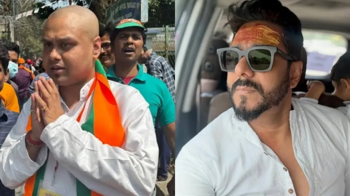 A graphic showing the names Raj Chakrabarty and Kaustuv Bagchi with election symbols.