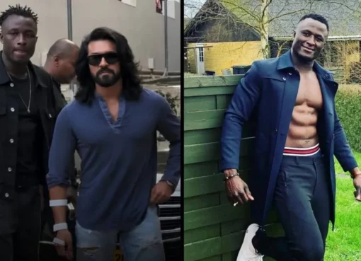 Ram Charan standing next to his tall MMA fighter bodyguard during movie promotions