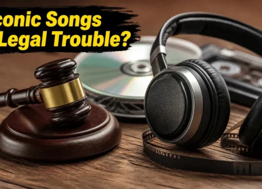 A collage of movie posters and music notes, representing Bollywood and legal disputes.