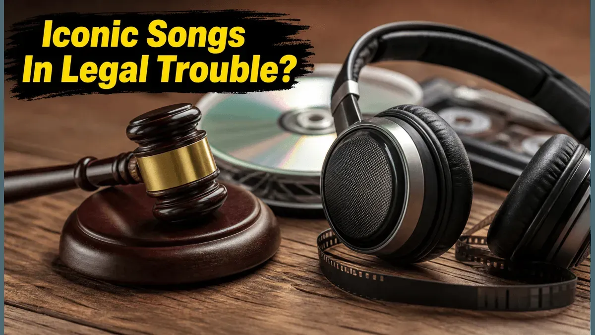 A collage of movie posters and music notes, representing Bollywood and legal disputes.