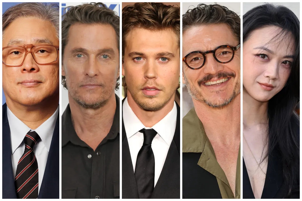 A collage of Matthew McConaughey, Austin Butler, Pedro Pascal, and Tang Wei, with a Western landscape backdrop.