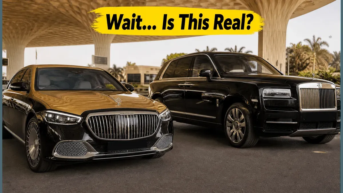Bollywood celebrity arriving at the airport in a luxury Rolls-Royce car.