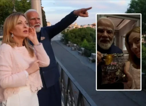 PM Modi and Giorgia Meloni sharing a friendly moment with a gift