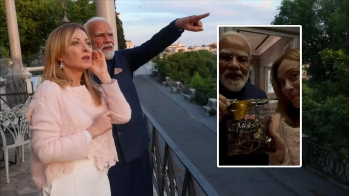 PM Modi and Giorgia Meloni sharing a friendly moment with a gift