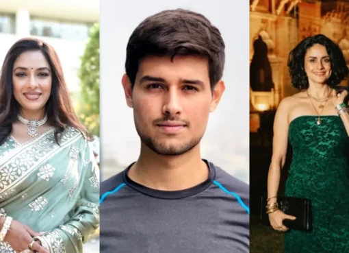 Split image of Rupali Ganguly and Gul Panag looking serious, with a blurred image of Dhruv Rathee in the background, all against a subtly fiery red and orange-tinted news feed aesthetic.