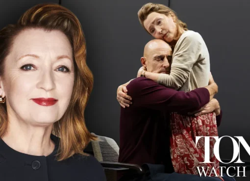 Lesley Manville on a theater stage.